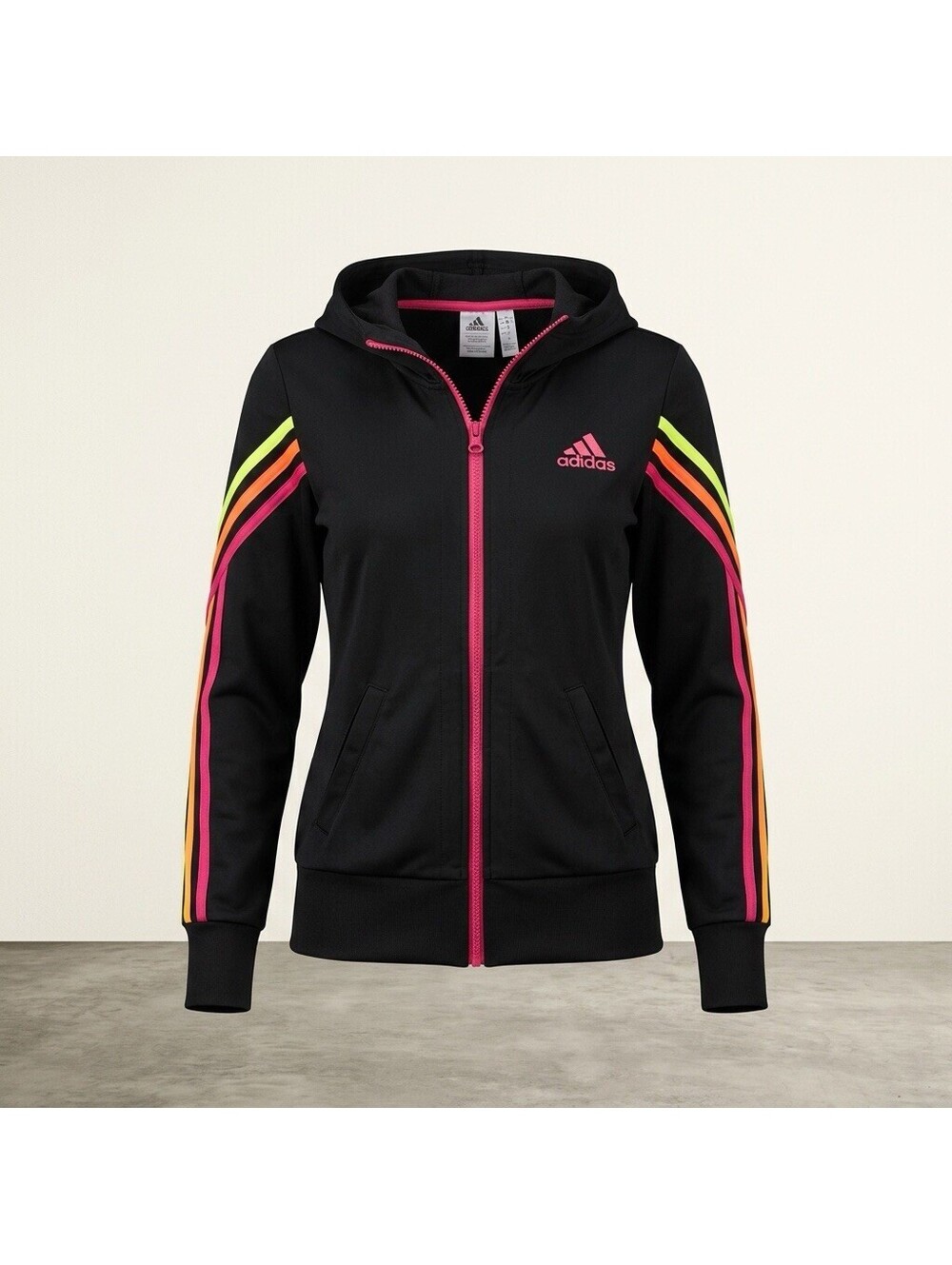ADIDAS Women's Full Zip Hooded Track Jacket Black Neon Stripes Small No String